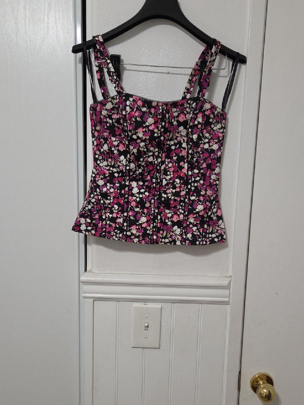 White House Black Market Black Floral Corset Cami with Pink & White Blooms
